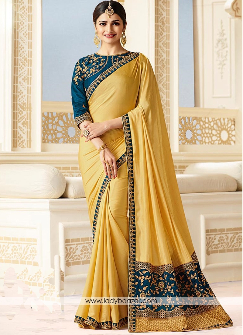 Beautiful Silk Embroidery Work Mustard  Saree