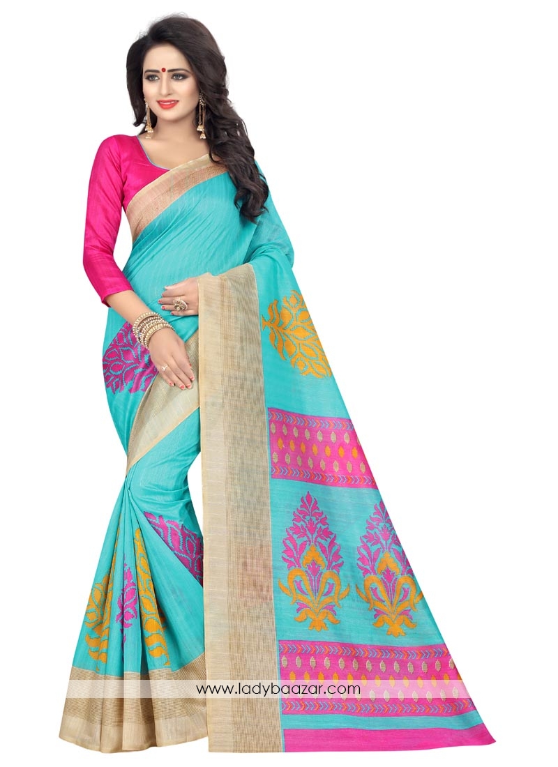 Beautiful Turquoise Bhagalpuri Silk Printed Saree