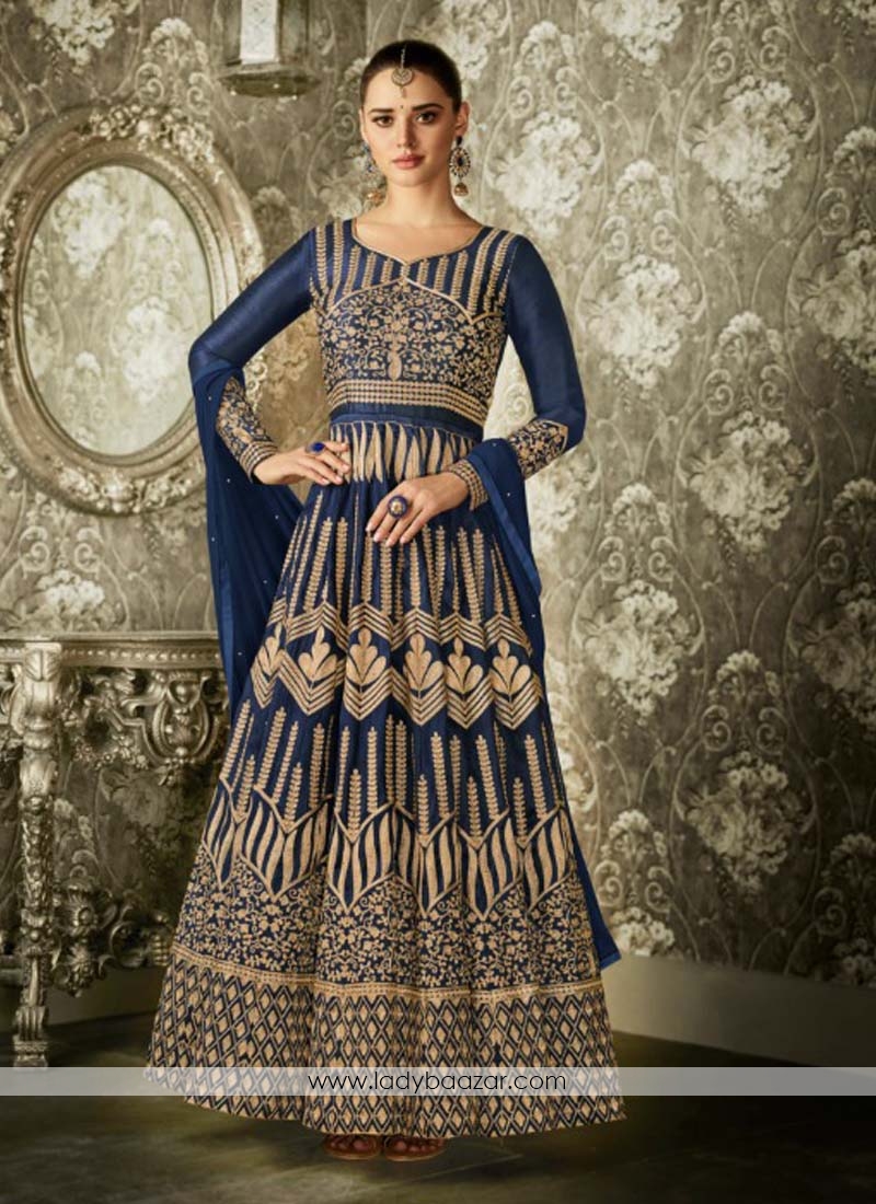 Bedazzling Embroidered Work Mulberry Silk Blue Floor Length Anarkali Suit