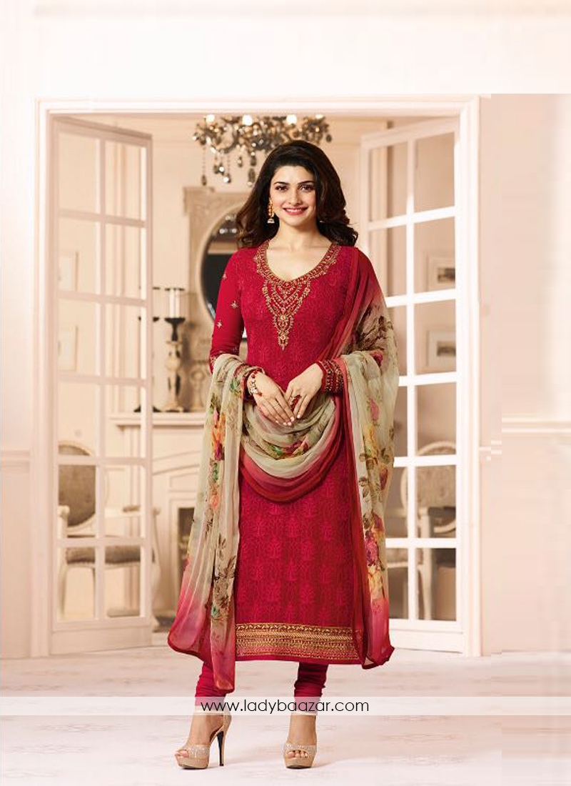 Bedazzling Red Georgette Embroidery N Printed Churidar Suit