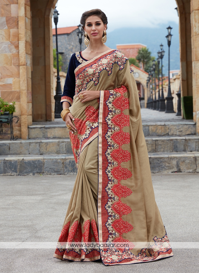 Beige Satin Silk Embroidery Saree