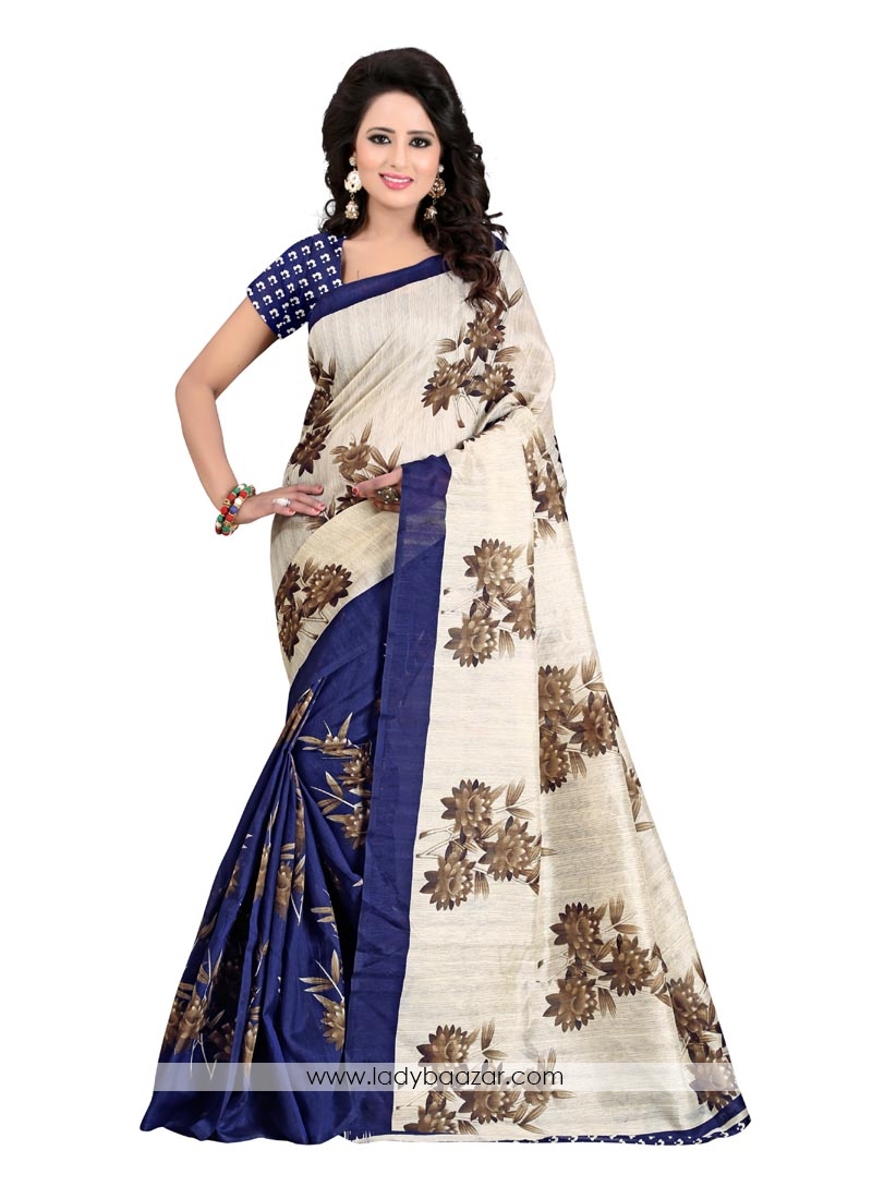 Beige With Blue Digital Printed Bhagalpuri Silk Saree