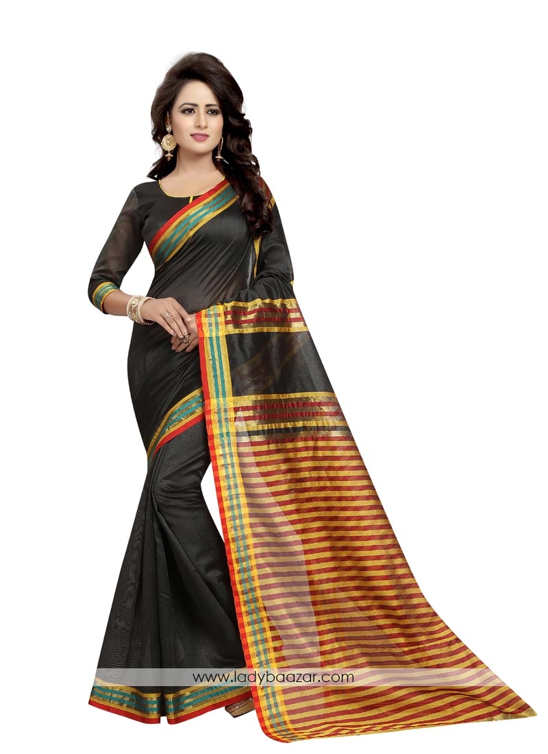 Black Color Cotton Silk Printed Saree