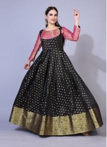 Black & Pink Polka Dots Jacquard Ethnic Maxi Gown