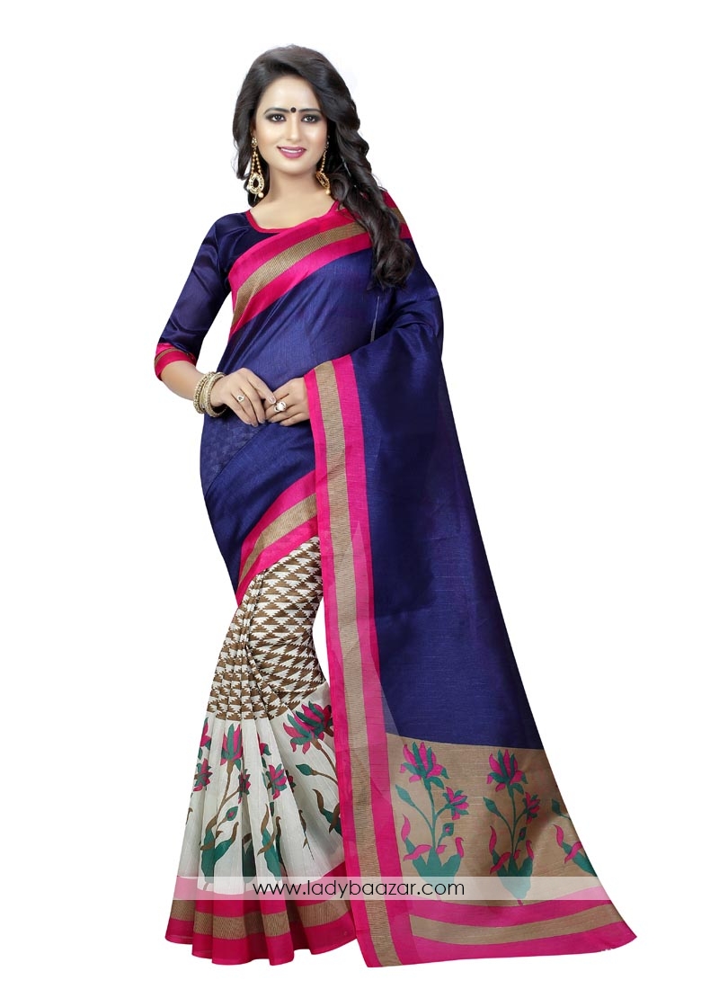 Blue Bhagalpuri Silk Printed Saree