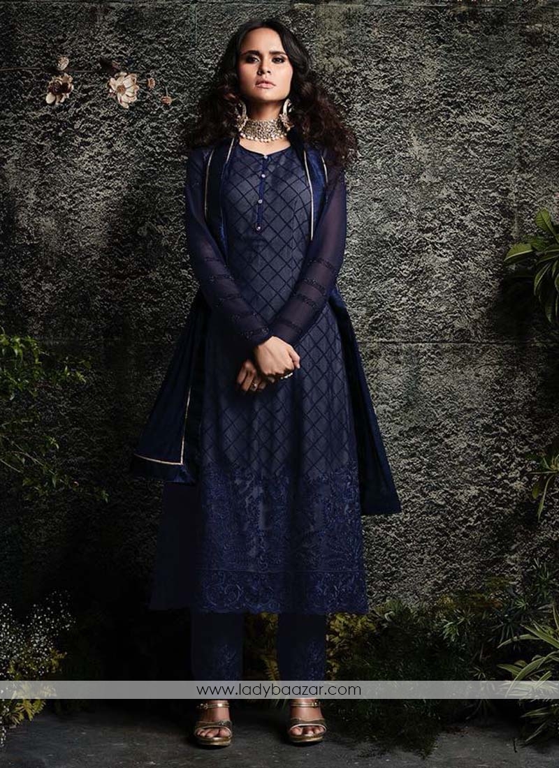 Blue Embroidered Festival Designer Palazzo Suit