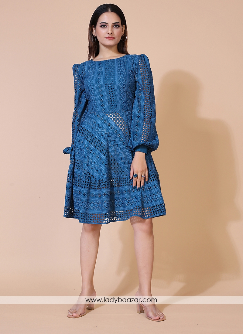 Blue Lucknowi Chikankari Borer Work Rayon Western Dress