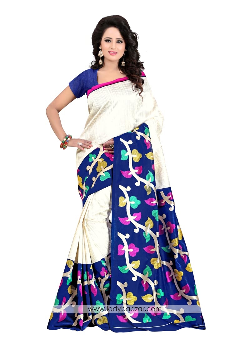 Blue N Off White Bhagalpuri Silk Printed Saree