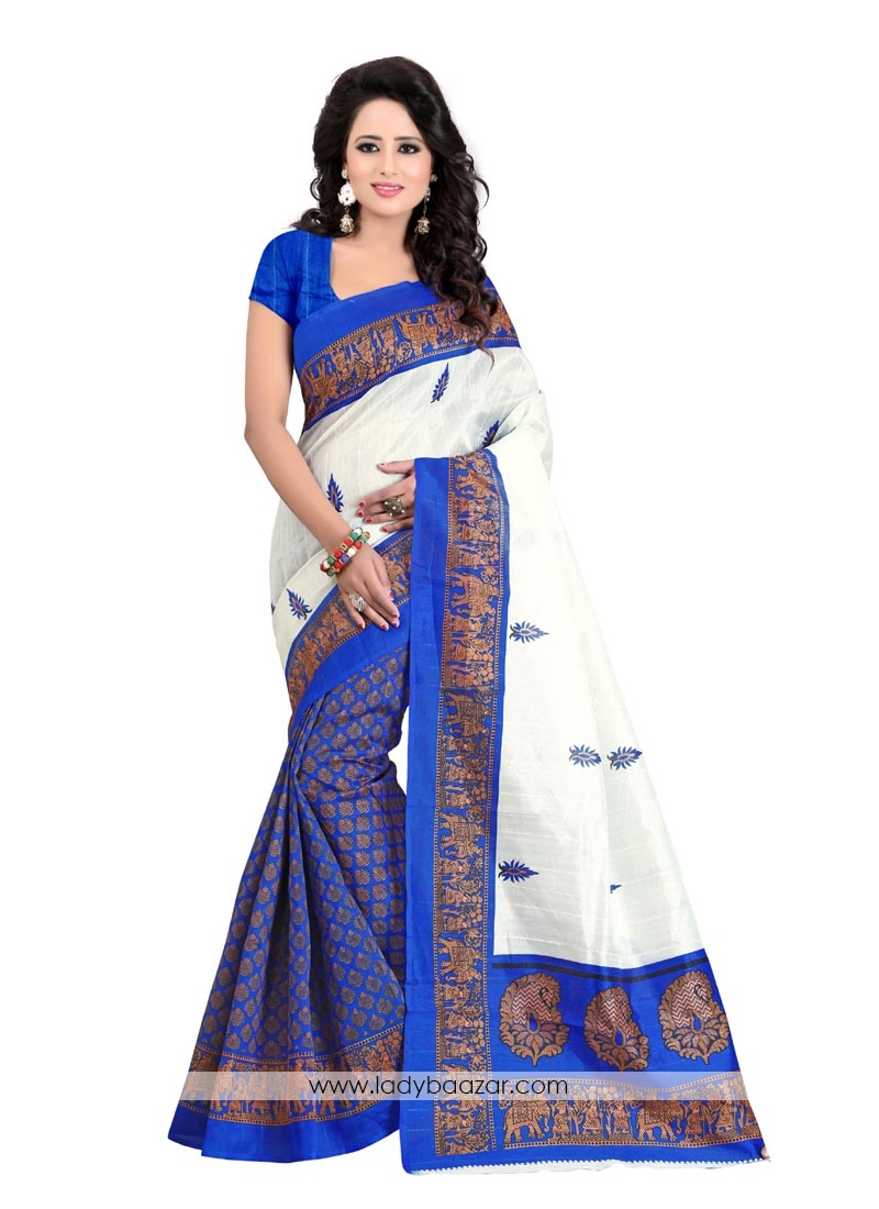 Blue N Off White Bhgalpuri Silk Casual Saree