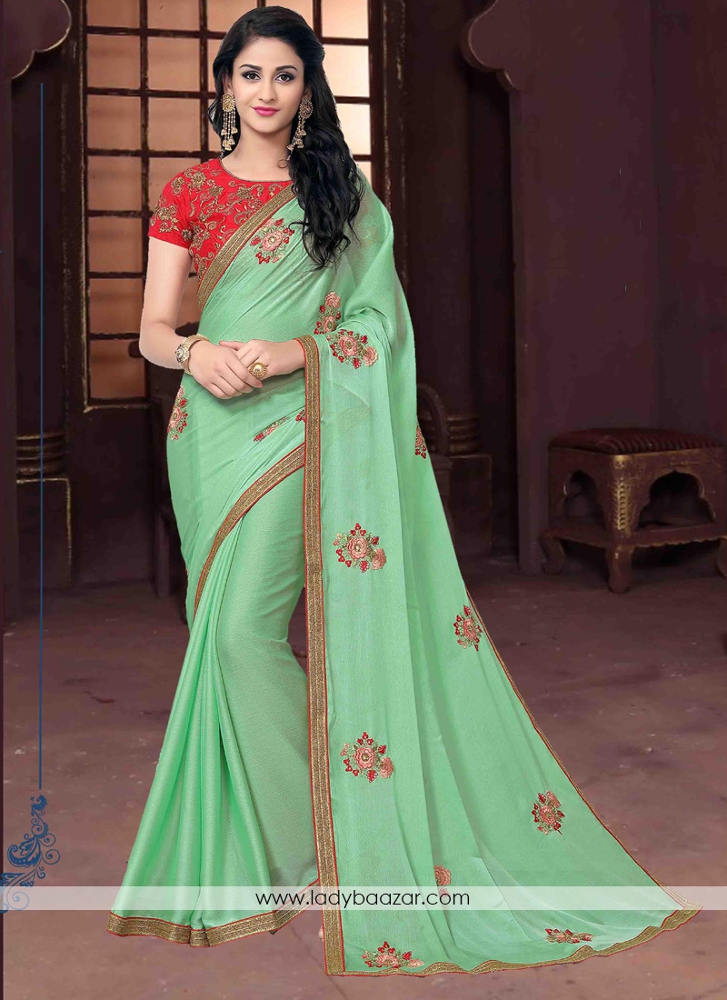 Breathtaking Chiffon Sea Green Embroidery Work Designer Saree