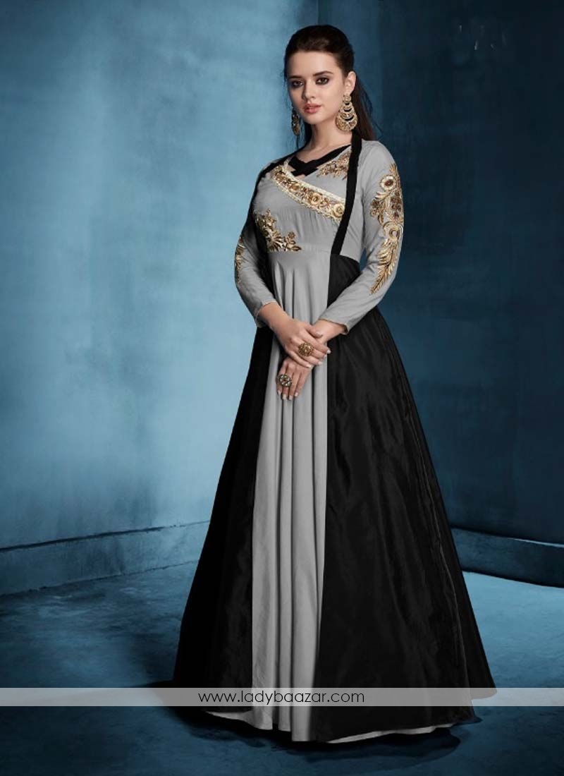 Breathtaking Morvi Silk Black And Grey Embroidered Floor Length Anarkali Suit