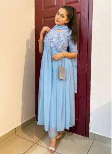 Breathtaking Watery Blue Colored Partywear Embroidered Georgette Top-Bottom Set