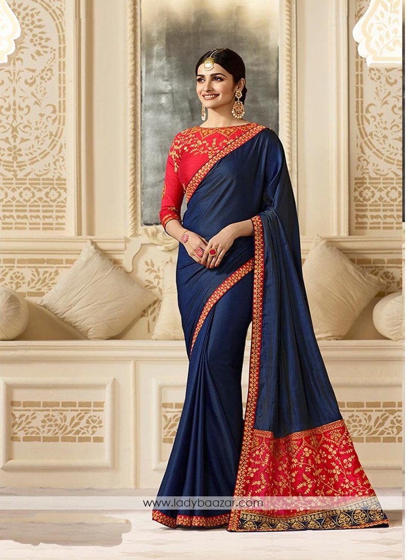 Brilliant Silk Navy Blue Trendy Embroidery  Saree