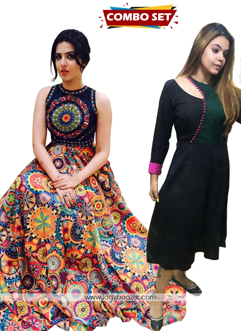 Buy 1 Get 1 Free Silk Kurti Combo Set-Beautiful Designer Wear Digital Printed Floor Length Semi-Stitched Lahenga Choli