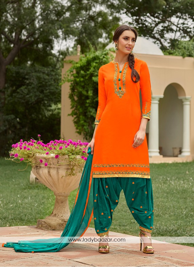 Capricious  Orange With Green Cotton Embroidery Work Patiyala Suit