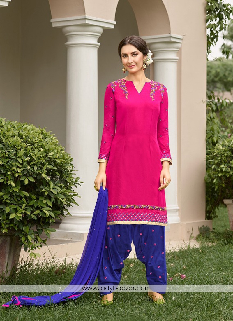 Catchy Blue With Pink Embroidery Work Patiyala Salwar Kameez