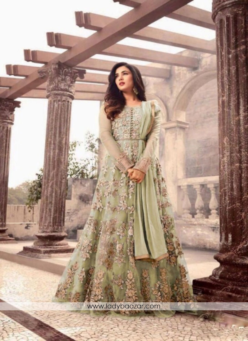 Catchy Embroidery With Stone Work Net Green Anarkali Salwar Suit