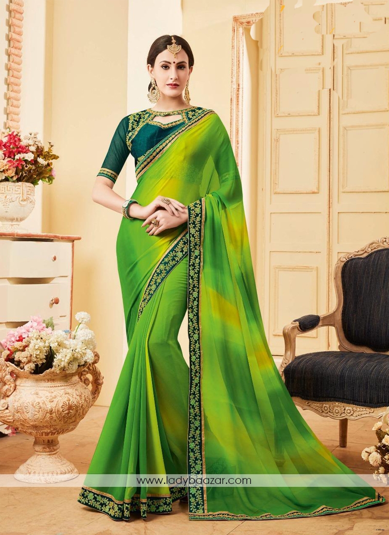 Charming Green Patch Border Work Georgette Classic Saree