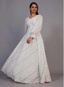 Classic Off-White Lucknowi Embroidered Floor Length Gown