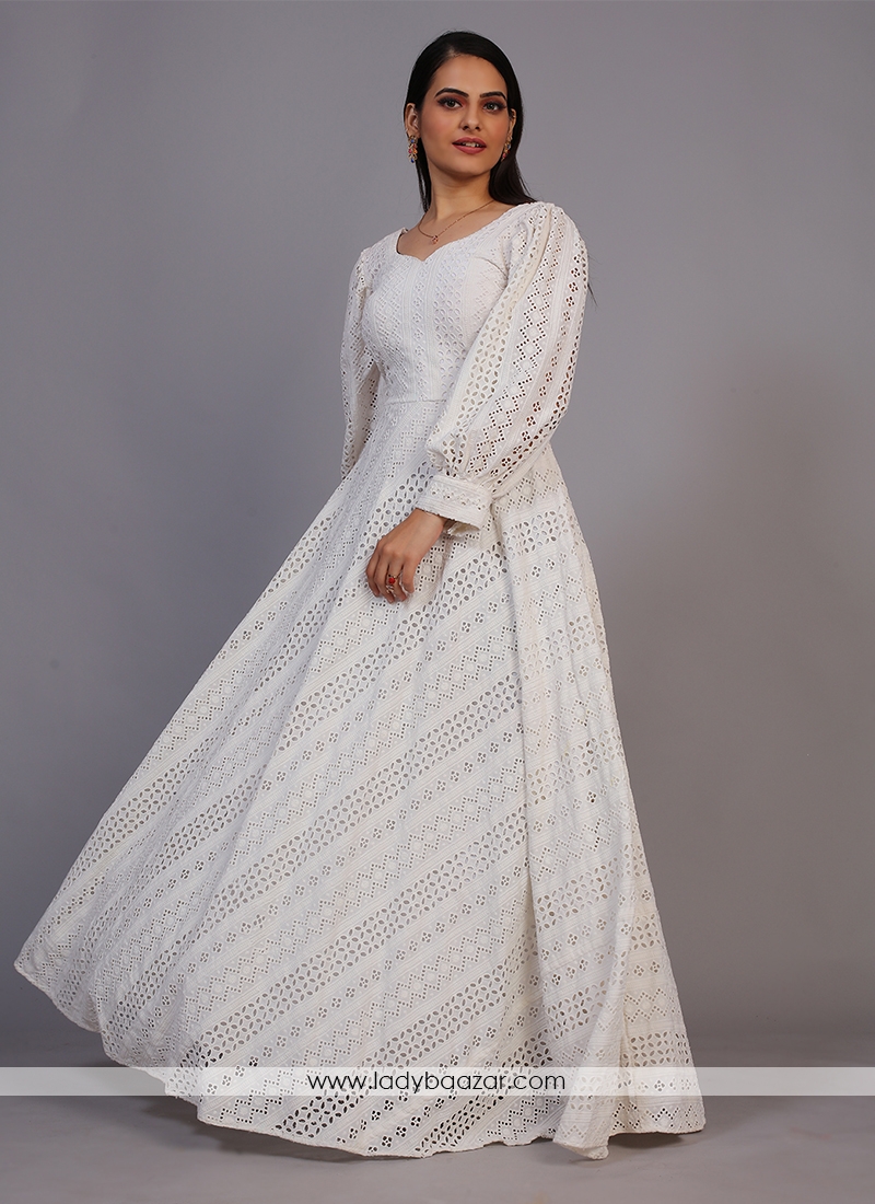 Classic Off-White Lucknowi Embroidered Floor Length Gown