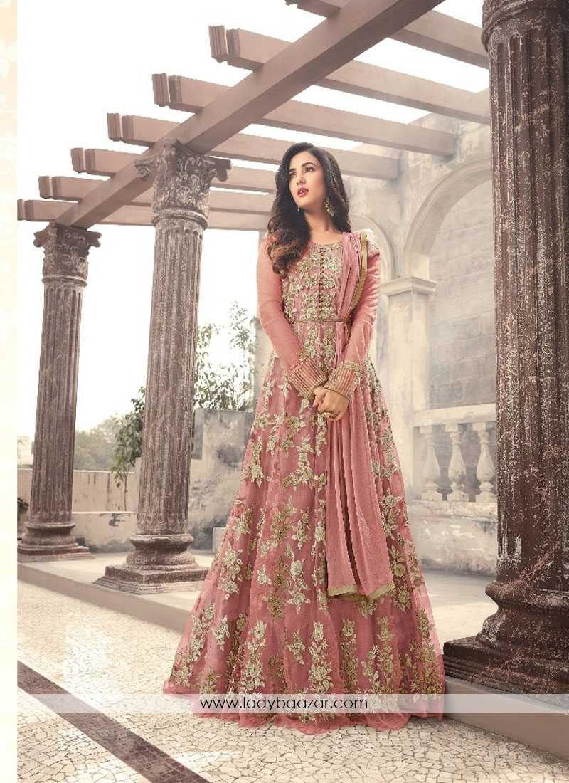 Classical Peach Embroidery With Stone Work Net Floor Length Anarkali Suit