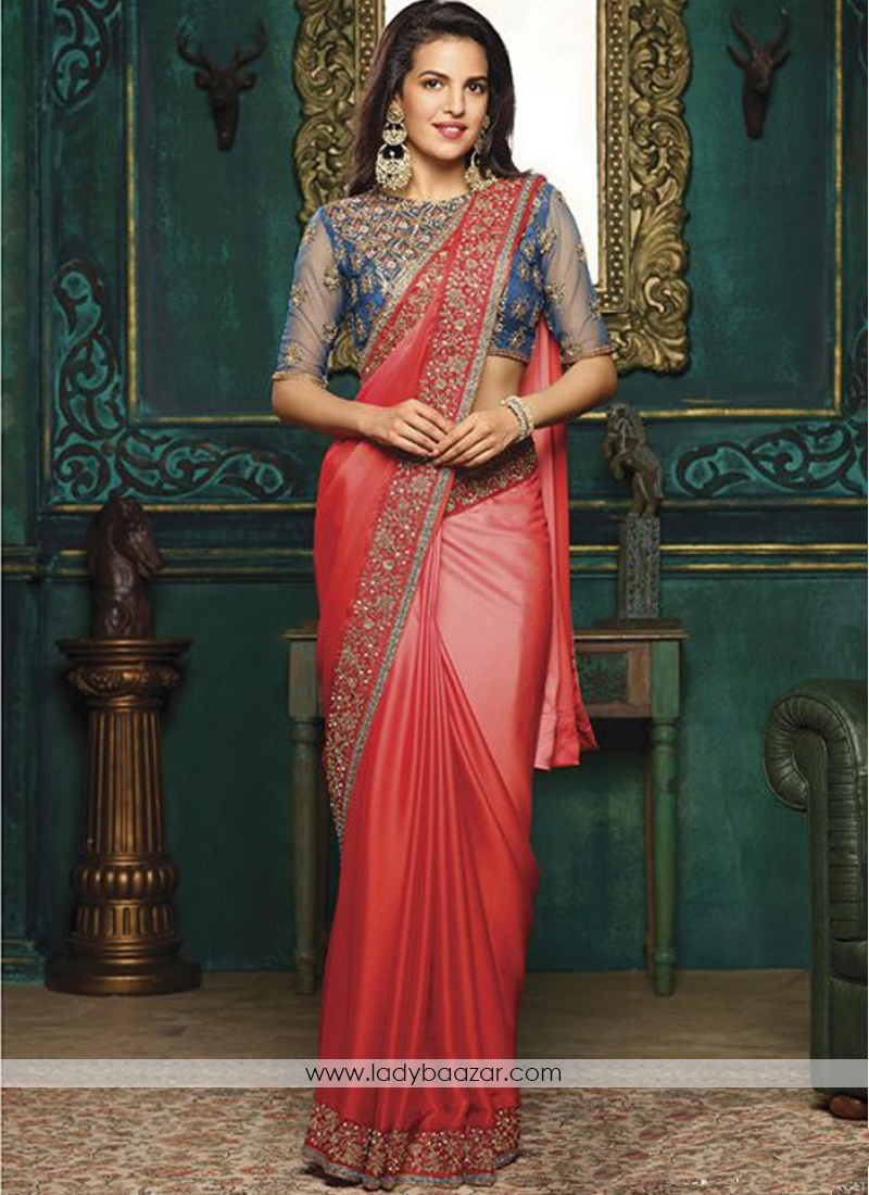 Classy Embroidery Work Red  Moss Chiffon Saree