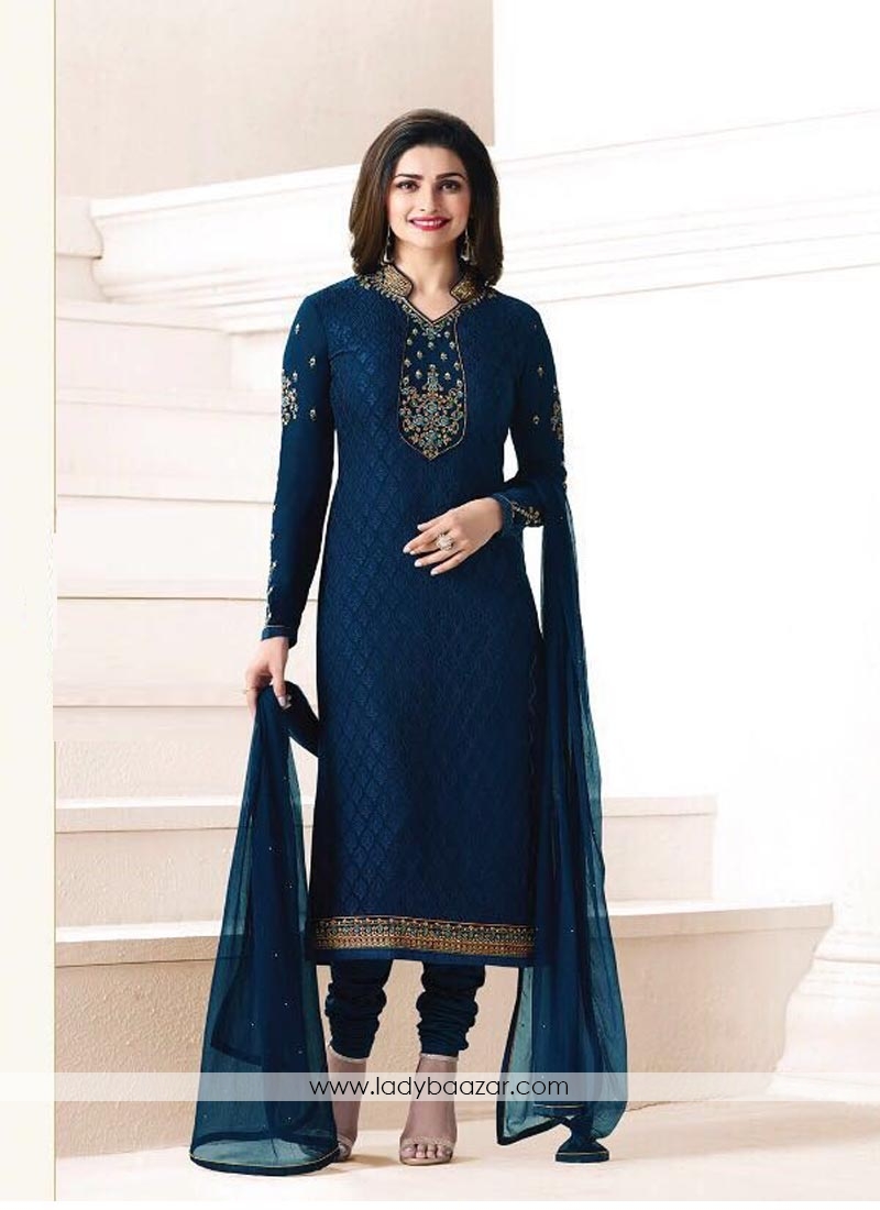 Classy Navy Blue Brasso Embroidery Work Churidar Salwar Suit