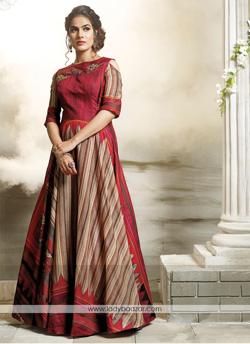 Cotton Red Stiched Designer Gown