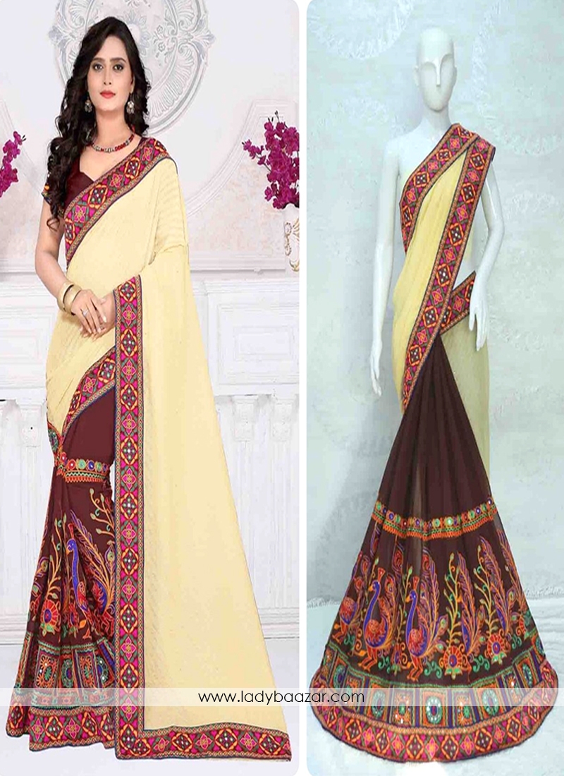 Cream And Brown Georgette Embroidered Designer Saree