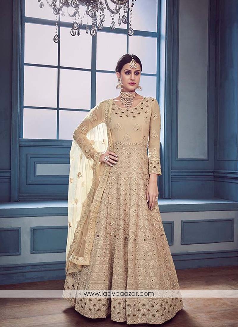 Cream Georgette Embroidered Work Anarkali Salwar Suit