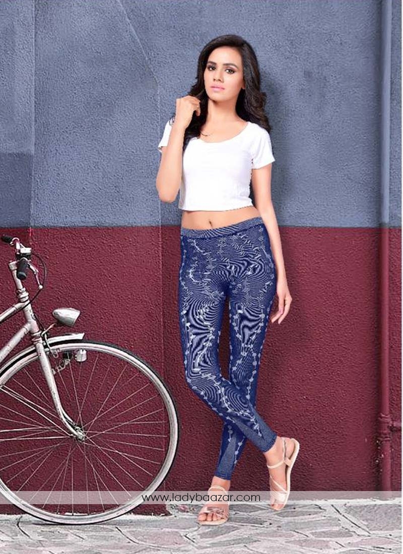 Cute Blue Cotton Printed Leggings For Girls