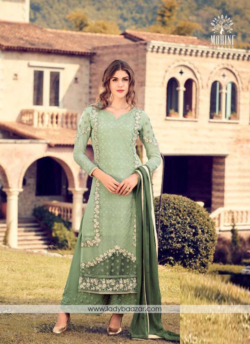 Cute Green Embroidery Work Georgette  Palazzo Style Suit