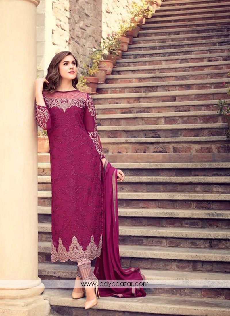 Cute Maroon Georgette Embroidery Work Pant Style Suit