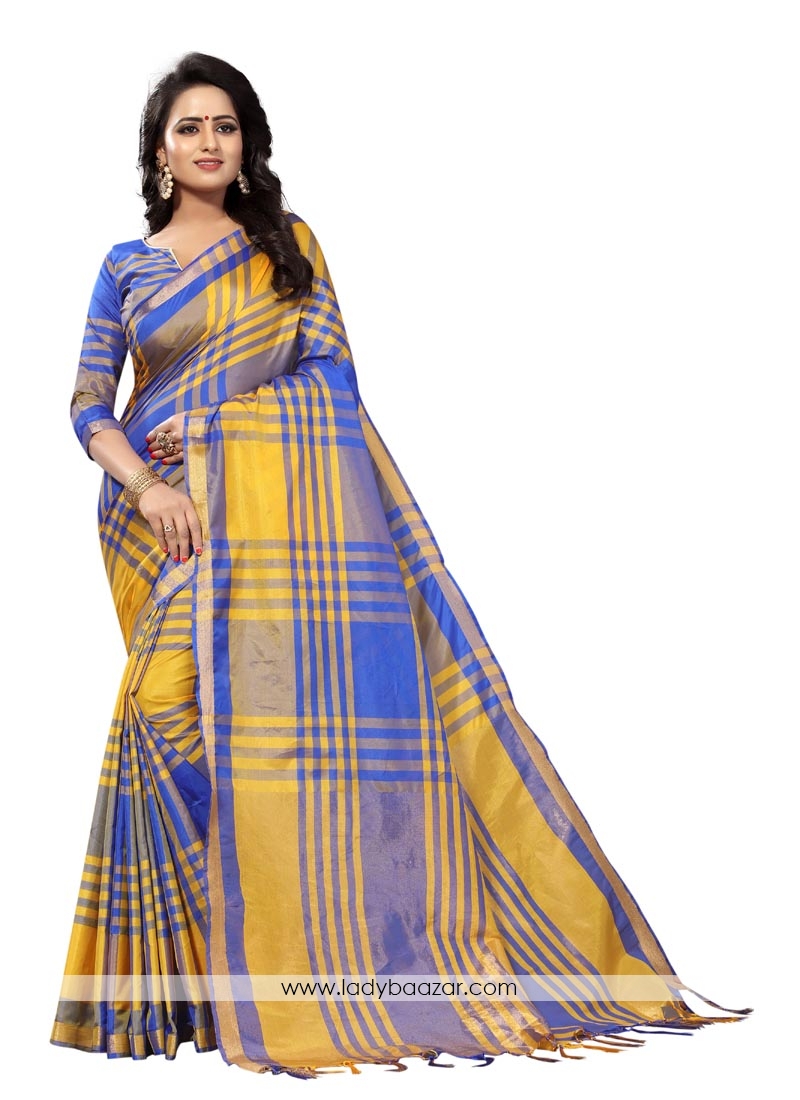 Cute Yellow With Blue Cotton Silk Saree