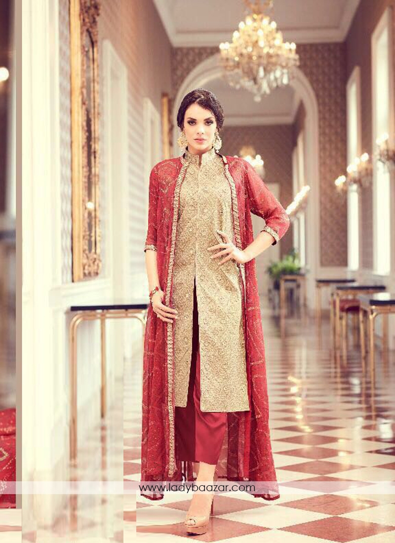 Dainty Tapeta Silk Cream N Red Color Embroidery Work Pant Style Suit