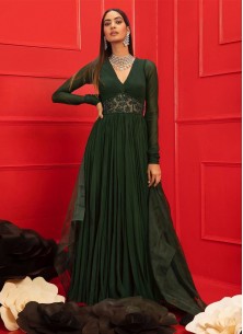 Dark Green Anarkali Gown With V-neckline, Handwork panel at the waist and full sleeves.