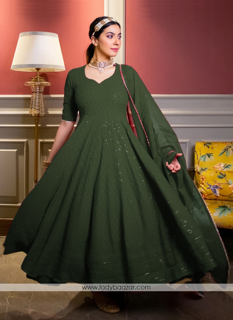 Dark Green Designer Anarkali Suit In Georgette With Lucknowi Chikankari Embroidery Work