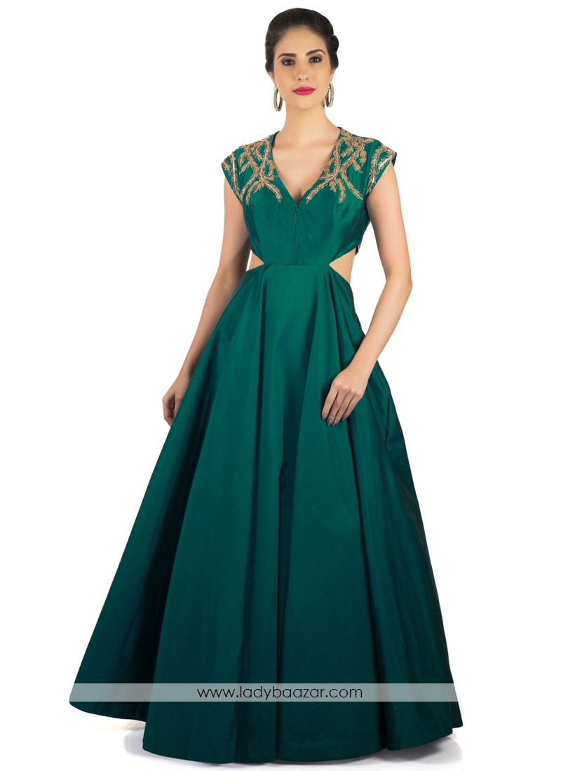 Dark Green Heavy Tapeta Hand Work Designer Gown