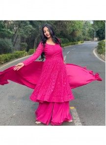 Dark Pink Lucknowi Embroidered Georgette Sharara Suit