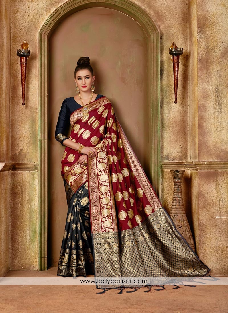 Dazzling Banarasi Silk Weaving Maroon And Black Traditional Saree