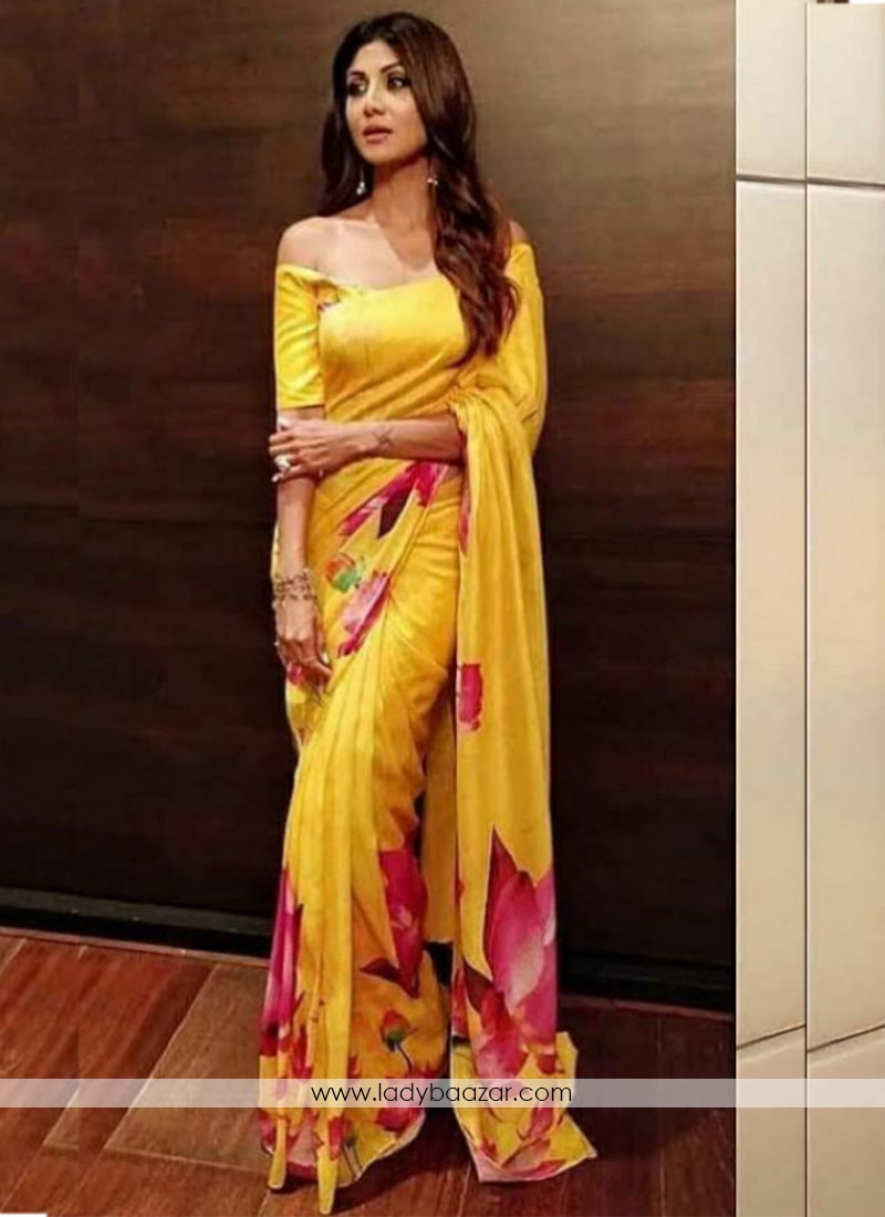 Dazzling Digital Print Satin Silk Yellow Designer Saree