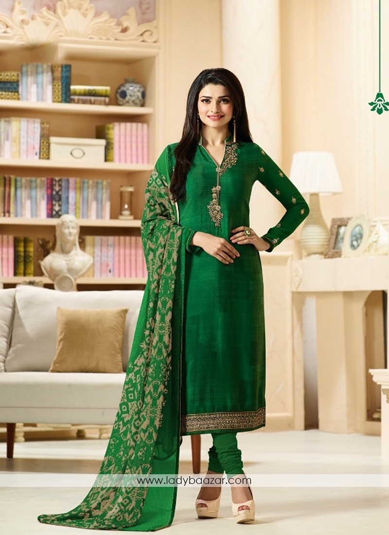 Dazzling Green Crepe Embroidery With Printed  Churidar Suit