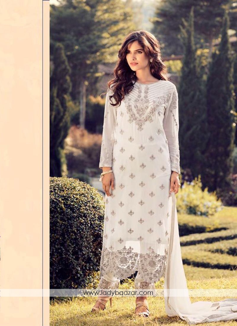 Dazzling White Georgette Embroidery Work Pant Style Suit