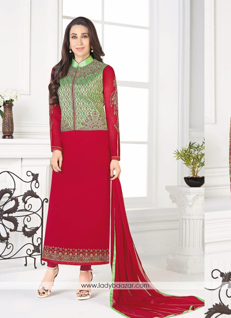 Delectable Red Georgette Embroidery Work Straight Suit