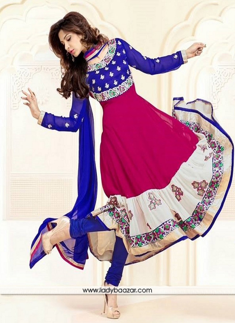 Delightful Georgette Navy Blue and pink Designer Suit