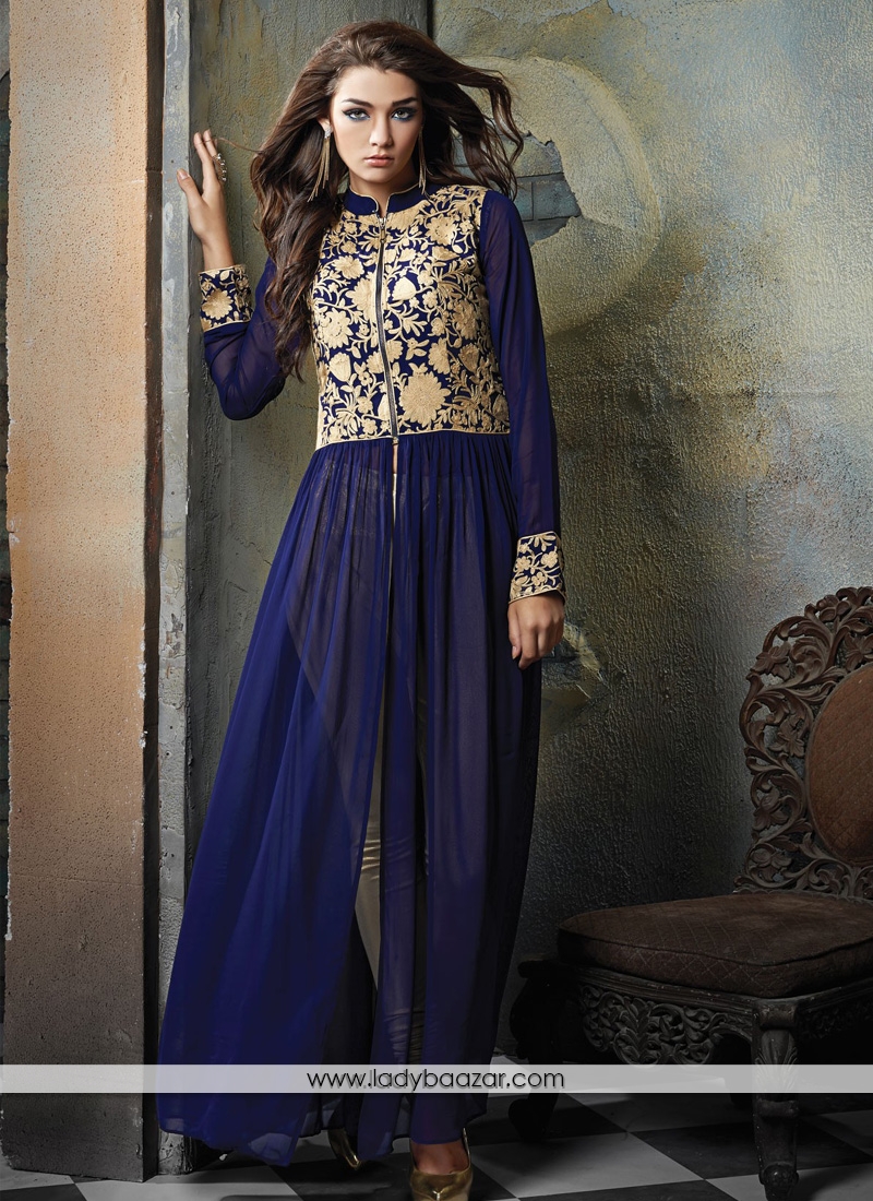 Delightful Georgette Navy Blue Designer Suit