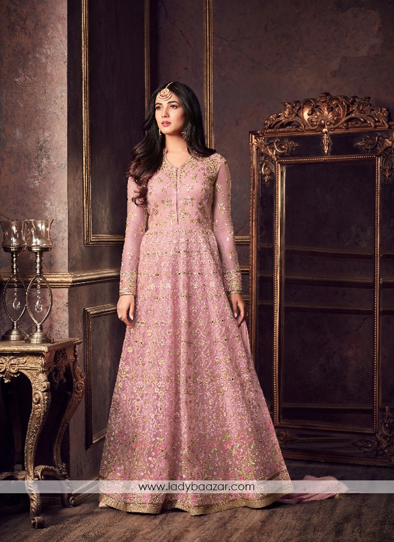 Delightful Net Pink Embroidery With Stone Work Floor Length Anarkali Suit