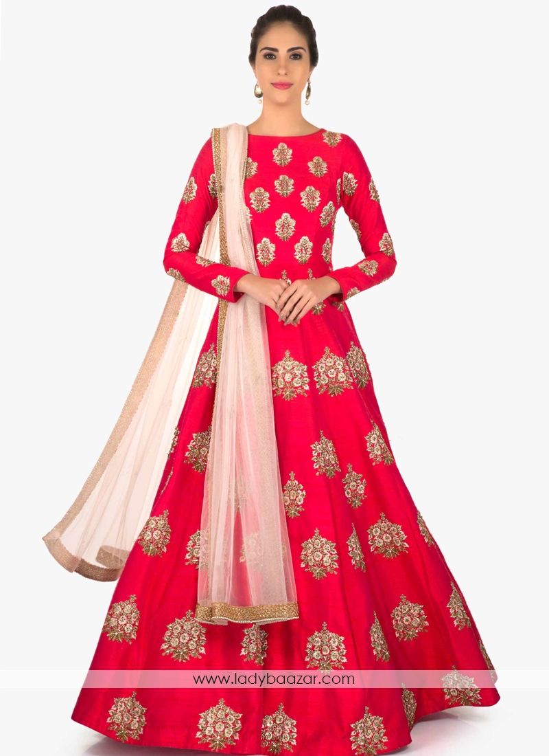 Delightful Pink Embroidery Work Designer Wear Anarkali Suit