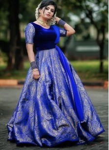 Demanding Royal Blue Colored Party wear Velvet And Jacquard Silk Long Gown