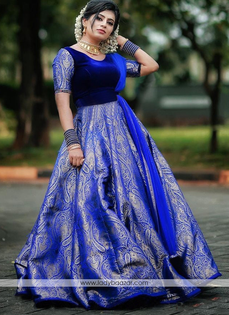 Demanding Royal Blue Colored Party wear Velvet And Jacquard Silk Long Gown